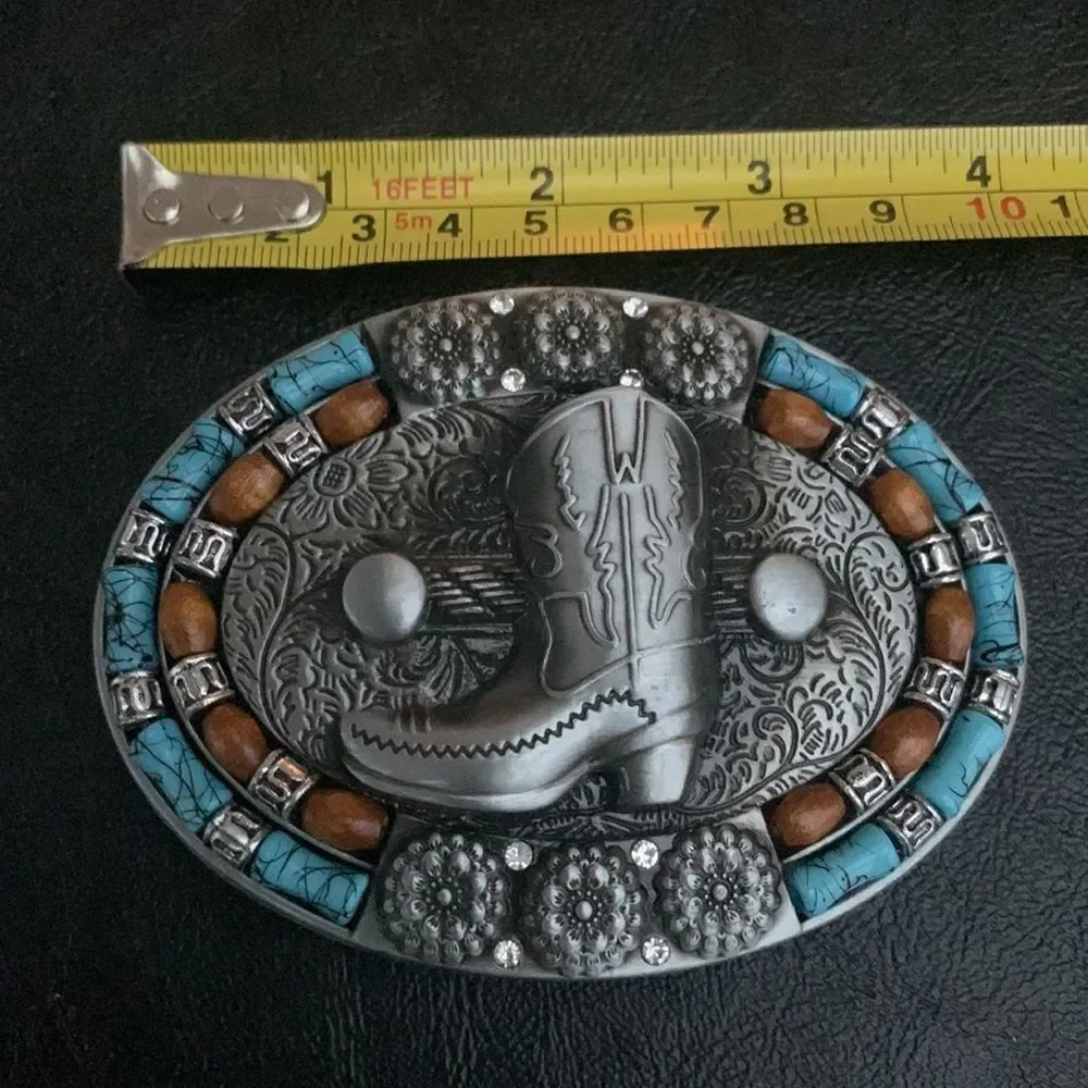 Cowboy Boot Belt Buckle, Antiqued Silver Tone Faux Turquoise, Western Style